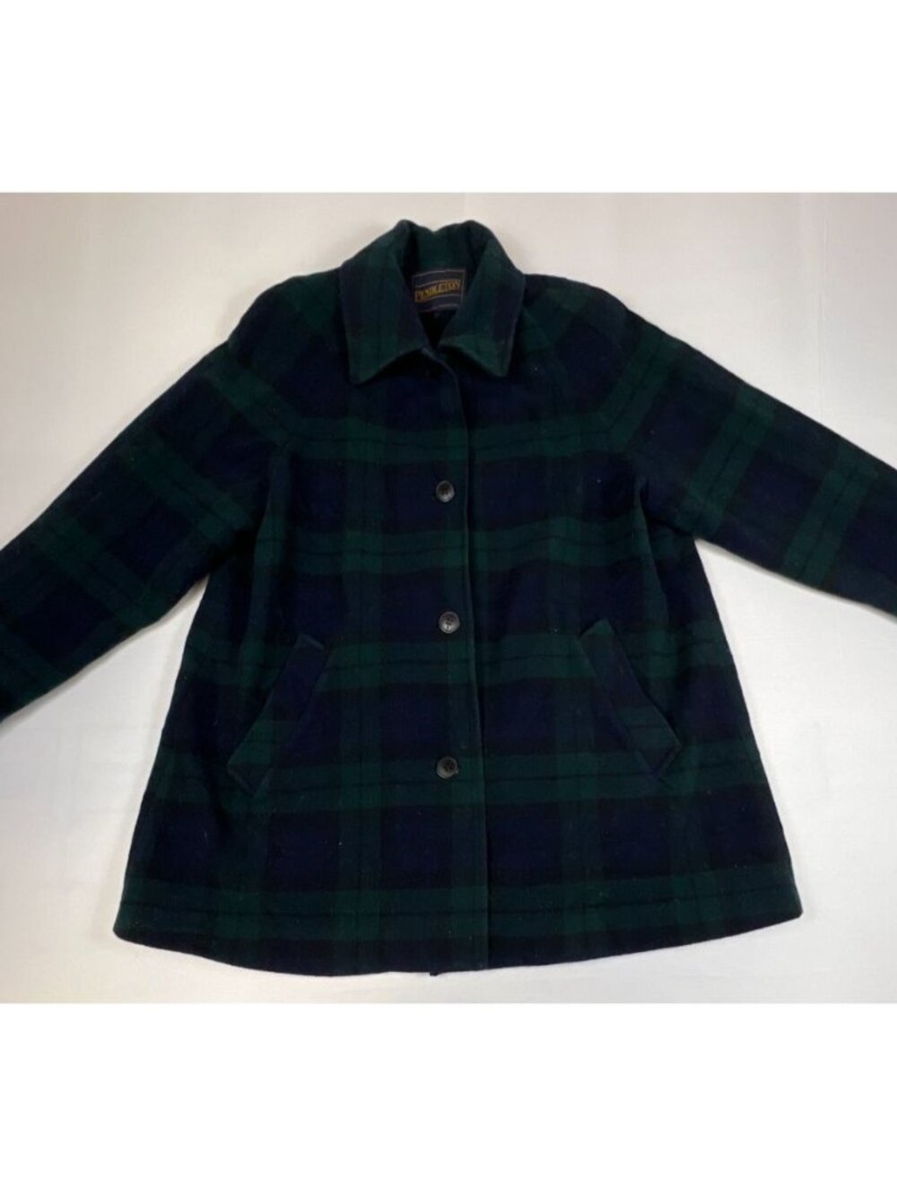 Pendleton Women 16 Blue Green Black Watch Plaid Wool Pea Coat Vintage